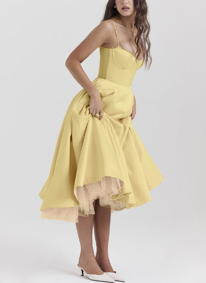 Vestido largo abullonado sin mangas con cuello en V para mujer