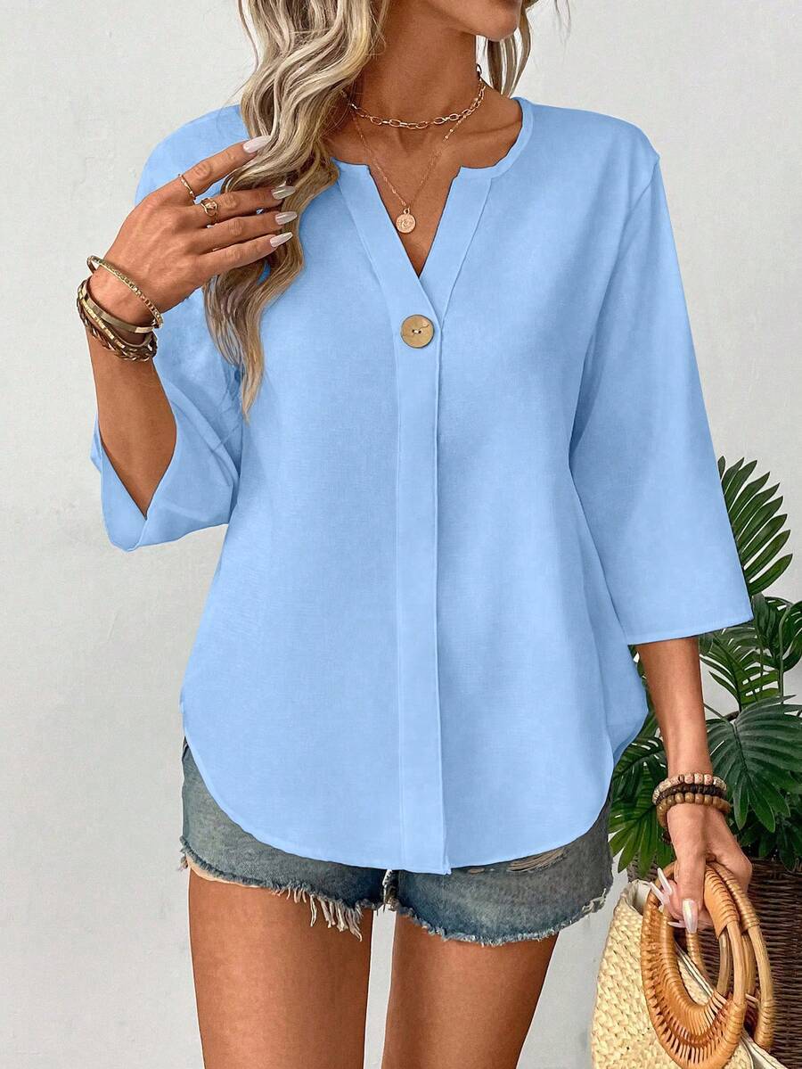 Chemise décontractée unie ample avec petit col en V et boutons