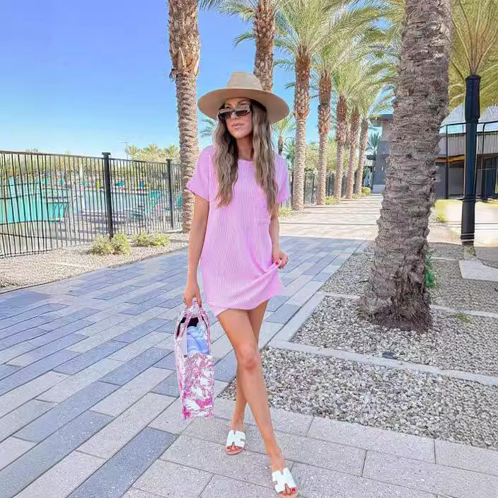 Vestido de Bolsillo de Manga Corta a Rayas para Mujer