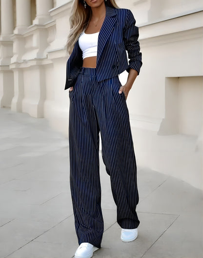 Trajes de rayas de moda primaveral para mujer, tops cortos casuales de manga larga con solapa y pantalones rectos, ropa de mujer