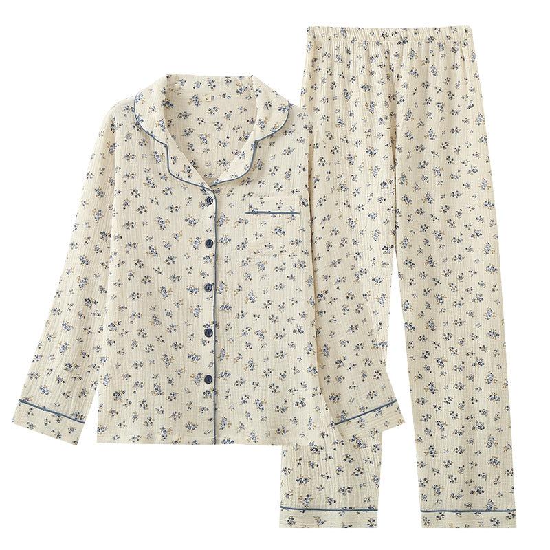 Thin Pure Cotton Double-layer Gauze Lapel Women's Pajamas And Leisure Wear Suit