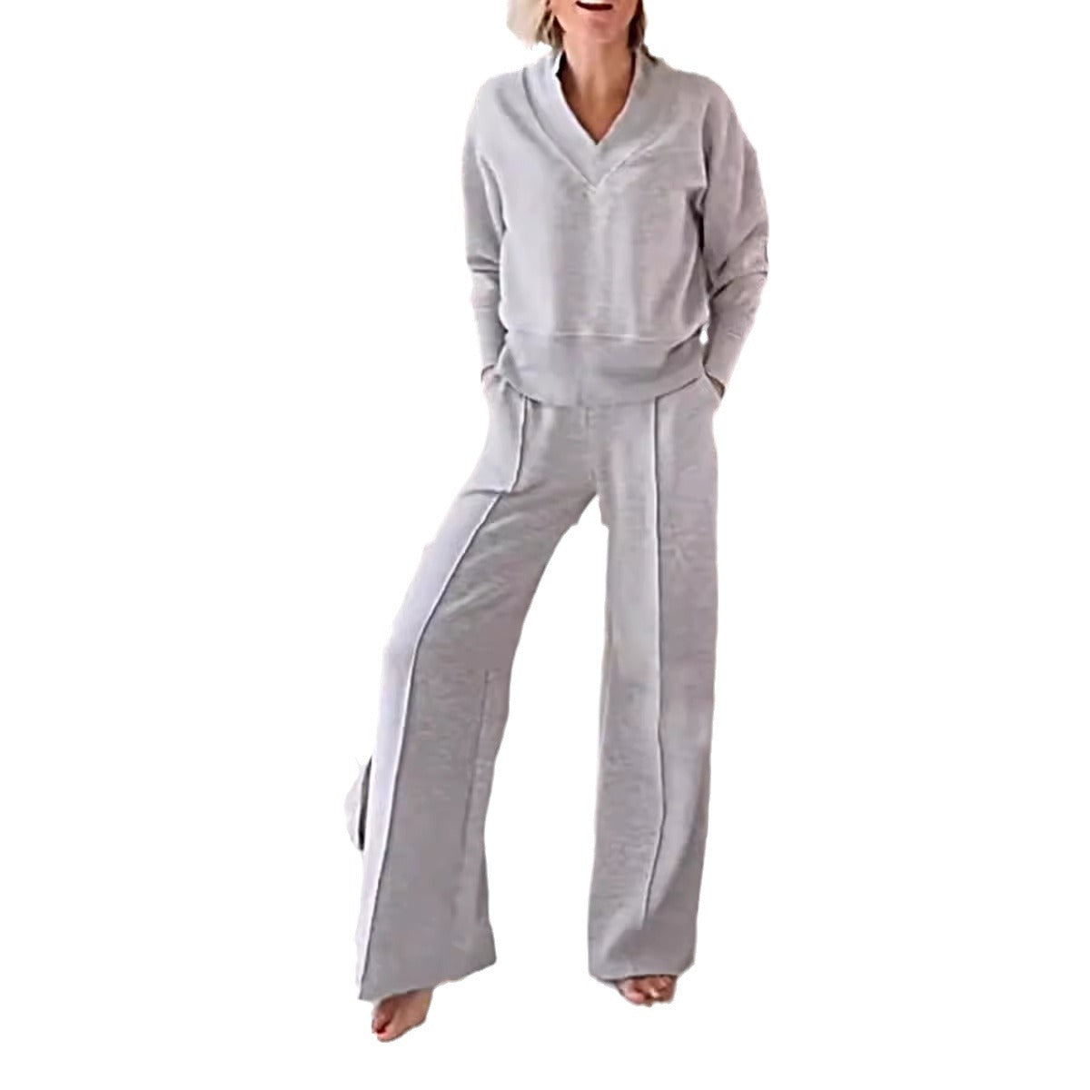 Ensemble deux pièces col en V manches longues haut ample pantalon large
