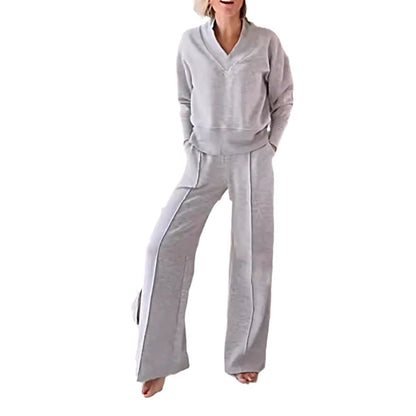 Ensemble deux pièces col en V manches longues haut ample pantalon large