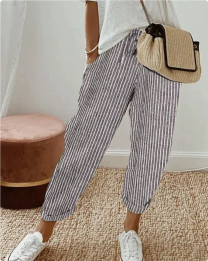 Pantalon décontracté d'été à rayures, ample, taille élastique pour femme