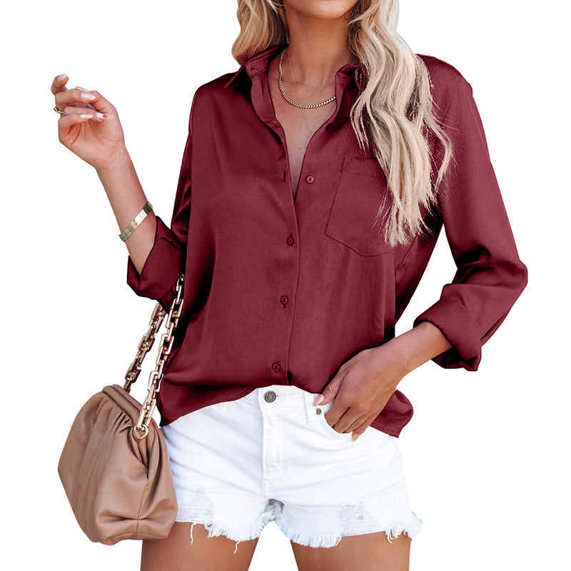 Chemise de bureau en satin à manches longues et col en V pour femme