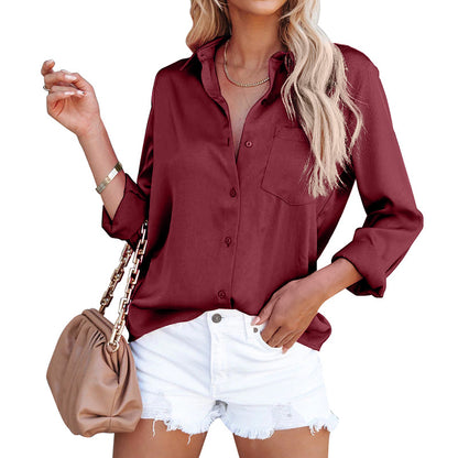 Chemise de bureau en satin à manches longues et col en V pour femme