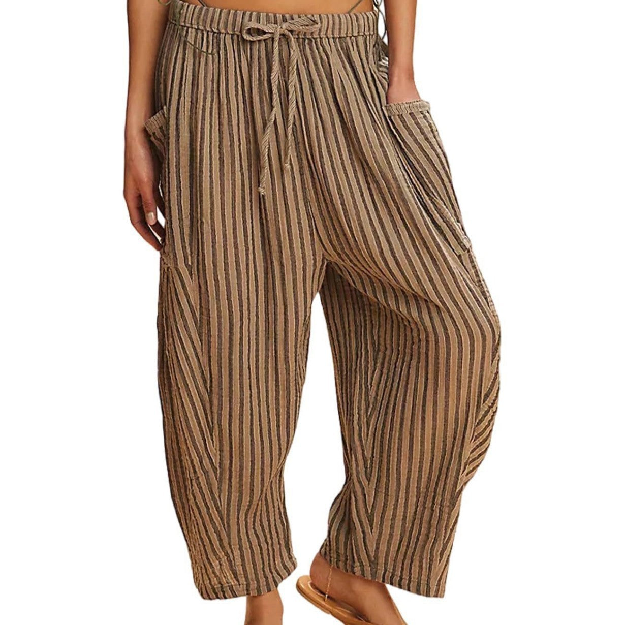 Pantalon plissé rayé à taille élastique coupe droite et longueur cheville