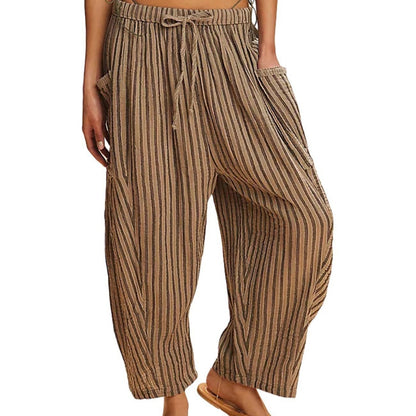 Striped Straight-leg Pants Elastic Waist Cropped Pleated Pants