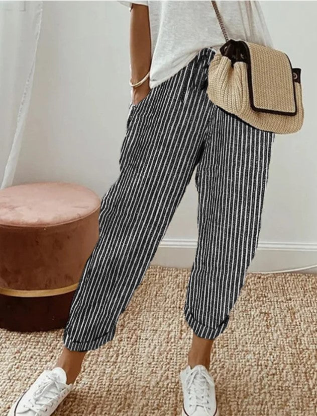 Pantalon décontracté d'été à rayures, ample, taille élastique pour femme