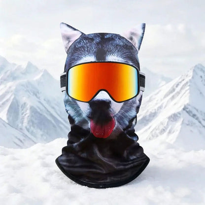 AdTec Realistic Winter Ski Balaclava with dog-face print, black thermal windproof face mask