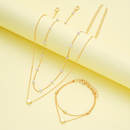 Ensemble de bijoux collier bracelet double couche perles rondes empilées amour perle