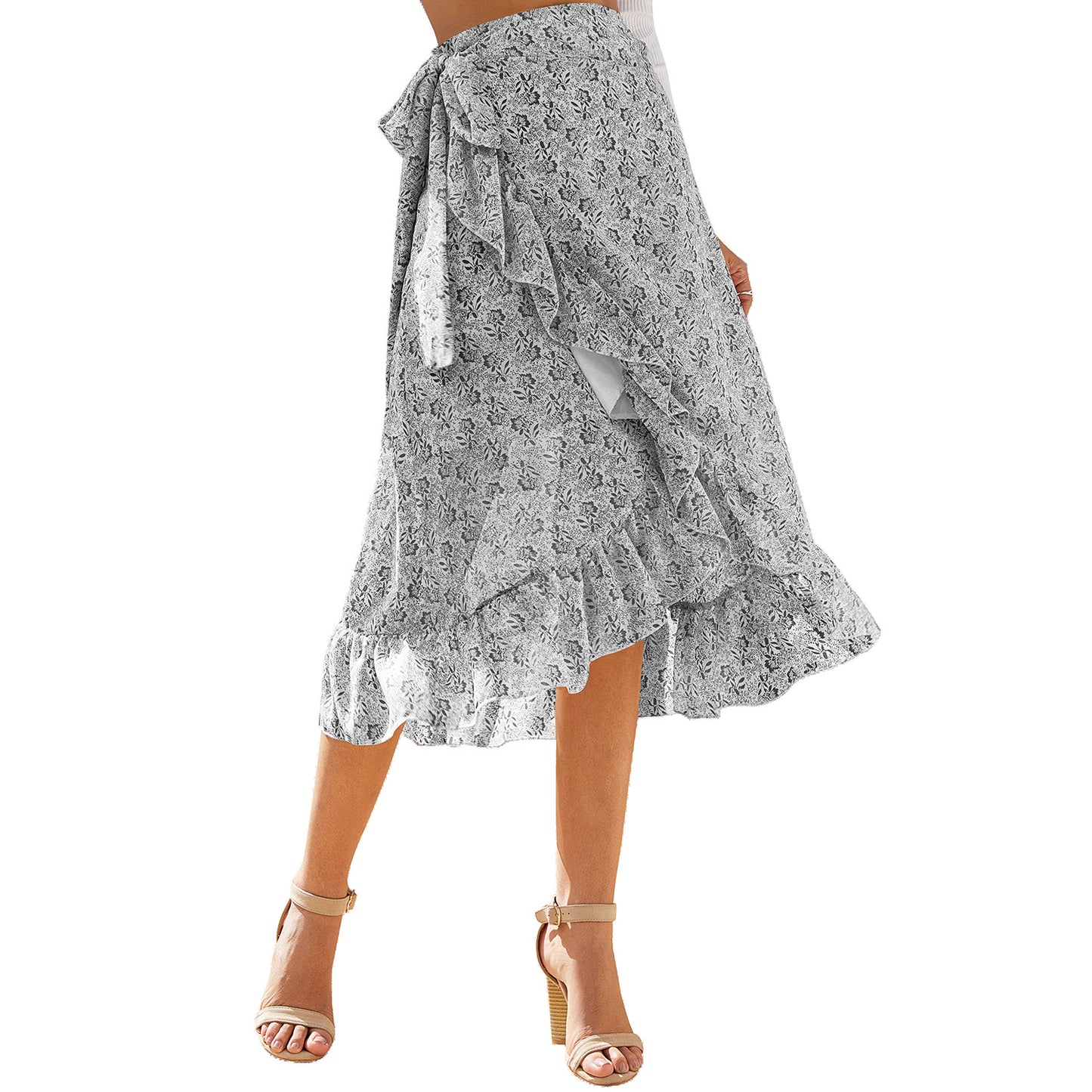 Jupe Longue Femme Taille Haute Mode Noire Nouée Enveloppante Fleurie Volants Mousseline de Soie Coupe Évasée Fendue Vêtements Printemps-Été