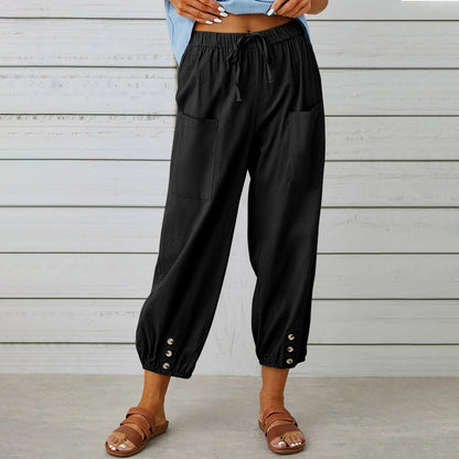 Pantalon ample taille haute en coton et lin avec boutons, coupe courte, jambes larges pour femme