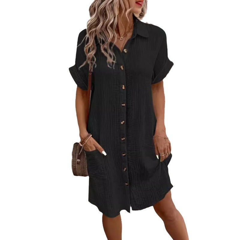 Robe chemise en coton et lin à col en V boutonnée pour femme, simplicité estivale
