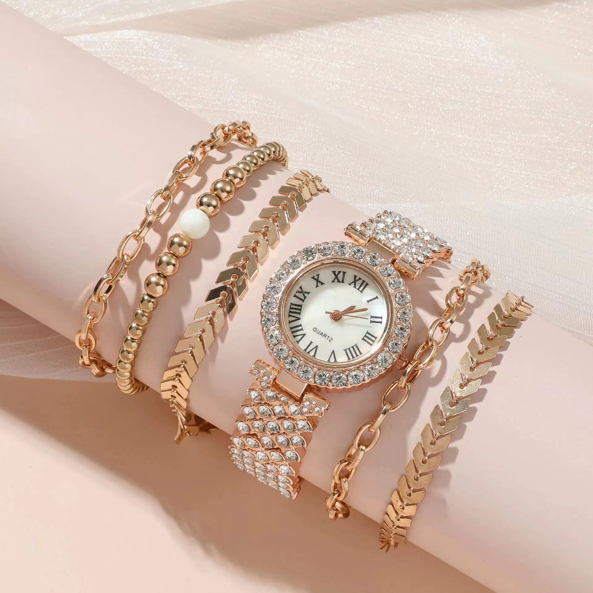 Reloj de pulsera de diamante para mujer, de lujo, a la moda, con caja de regalo, pulsera de reloj, juego de seis piezas