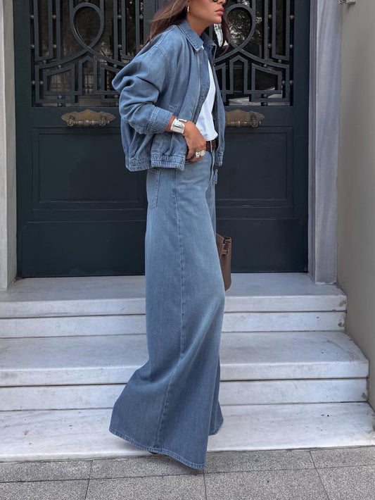 Conjunto de chaqueta corta y pantalones vaqueros anchos de mezclilla azul claro