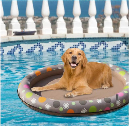 Dog swimming pool inflatable hammock float, gray ring with colorful dots and paw prints, golden retriever lounging.