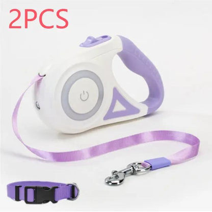 2-piece retractable dog leash and collar set in white and purple with metal clip for small to medium dogs