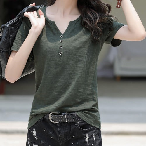 Camiseta de algodón de manga corta para mujer, camisa suelta básica