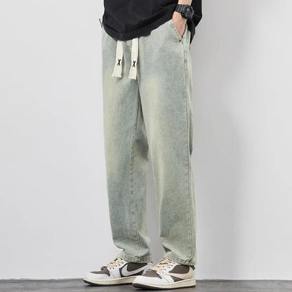 Men's summer loose wide-leg denim pants with drawstring waist, light wash AdTec