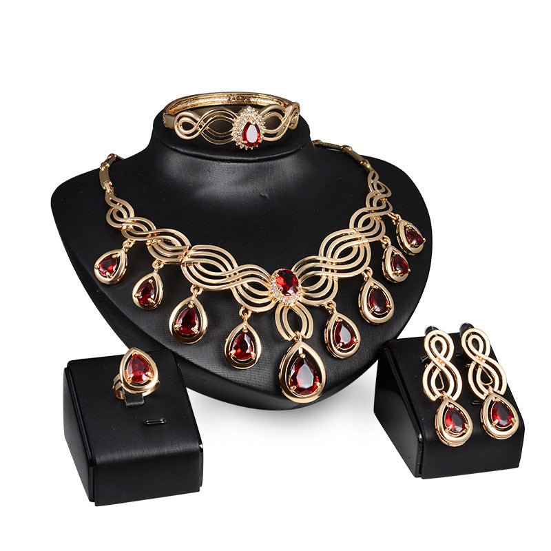 Conjunto de joyería de moda con gemas, collar y pendientes de aleación