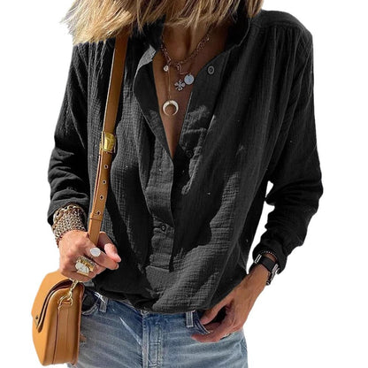 Chemisier pull à manches longues décontracté ample et élégant en coton et lin de couleur unie avec boutons style rétro