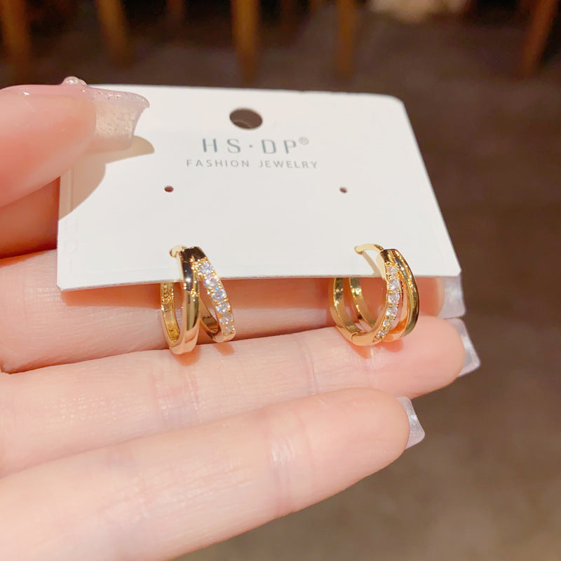 Boucle d'oreille double couche creuse en zircon en forme de cercle, style japonais et coréen, à la mode et élégante