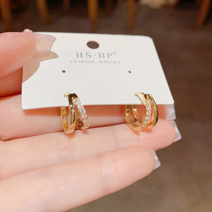 Boucle d'oreille double couche creuse en zircon en forme de cercle, style japonais et coréen, à la mode et élégante