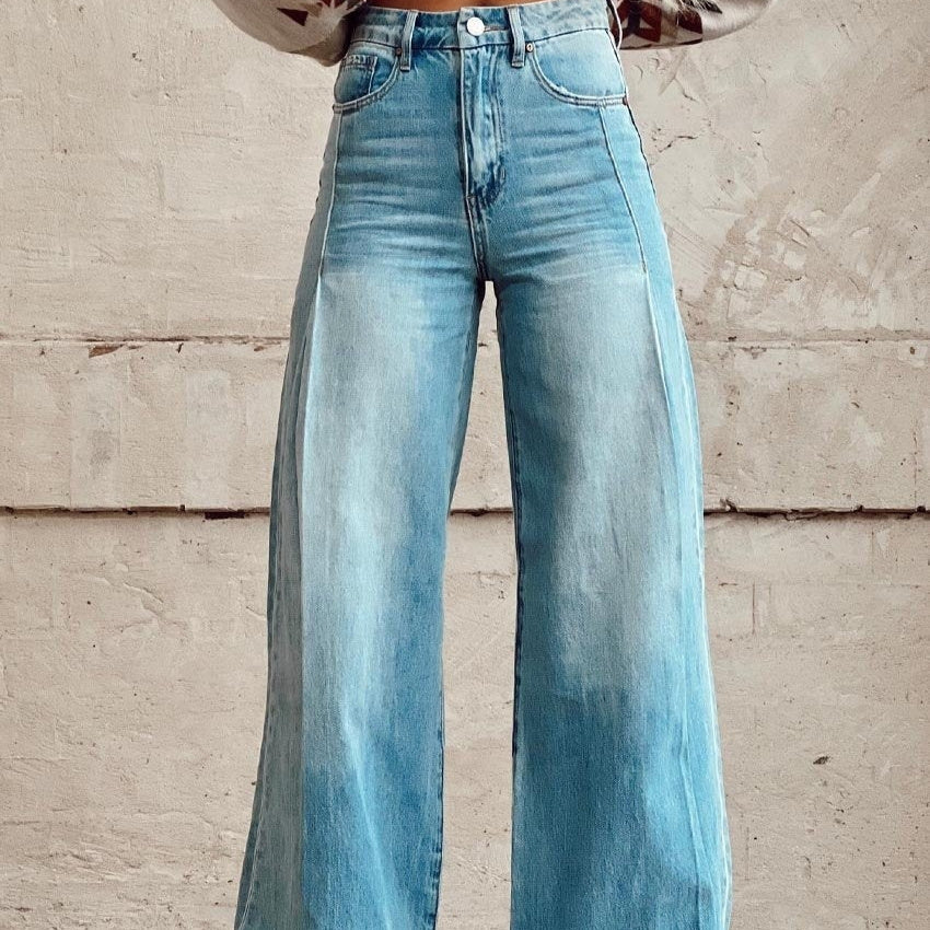 Pantalon large à transfert thermique, pantalon patte d'éléphant, pantalon en jean imitation