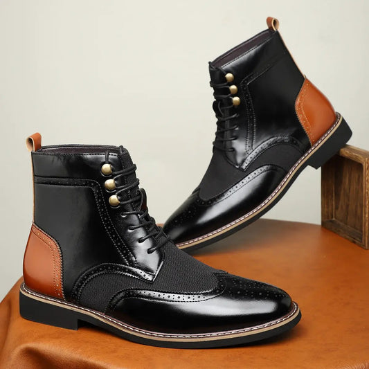 British Superior High Top Color Block Leather Shoe by AdTec, black leather with tan heel panel.