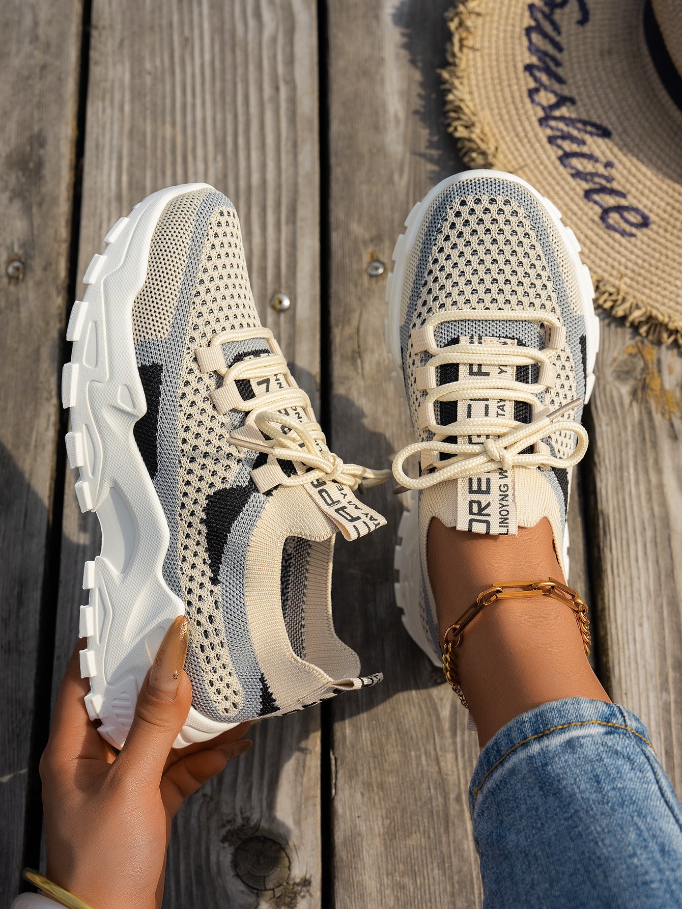 Zapatillas de malla Flyknit para mujer, transpirables, con cordones, para caminar, correr, informales