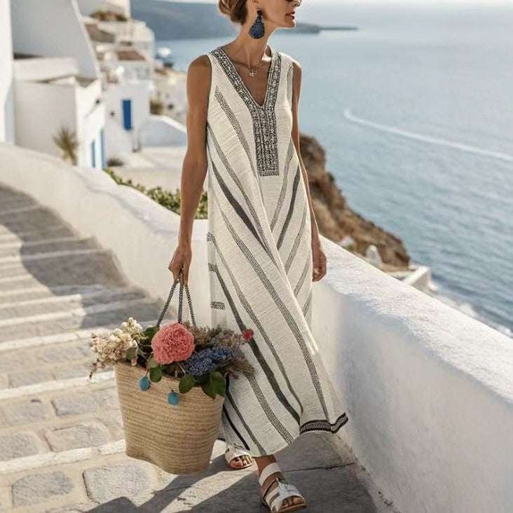 Robe sans manches rayée à encolure en V, imprimé style vacances