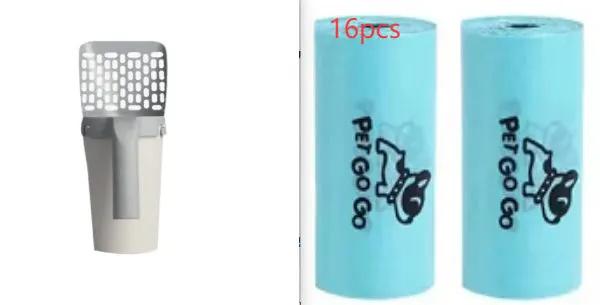 Integrated beige cat litter scoop bucket with gray scoop; two blue PET GO GO rolls