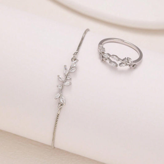2 bracelets et bague à feuille en zircon et cristal œil de cheval argenté, bracelet ajustable convenant aux tenues quotidiennes et de vacances des femmes