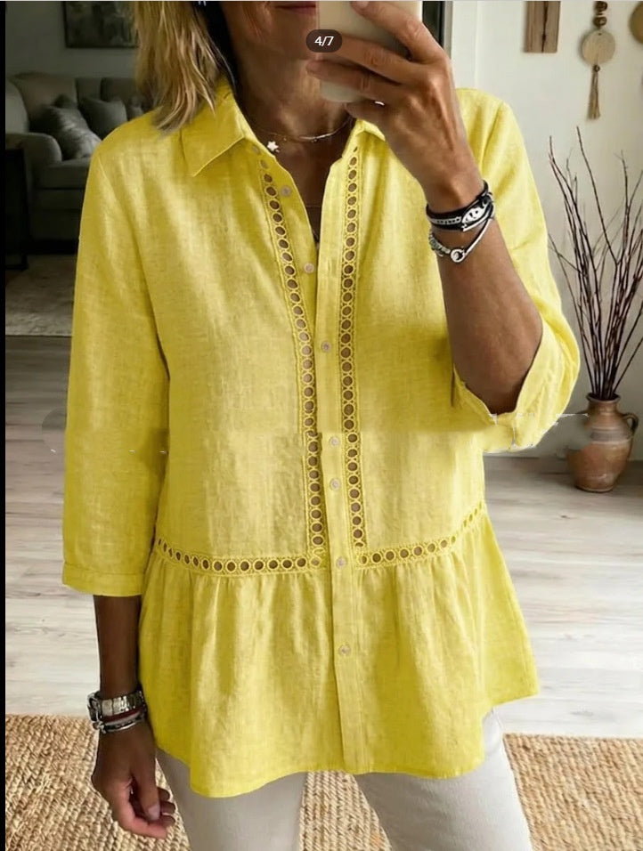 Chemise en coton-lin à motifs floraux tissés et patchwork