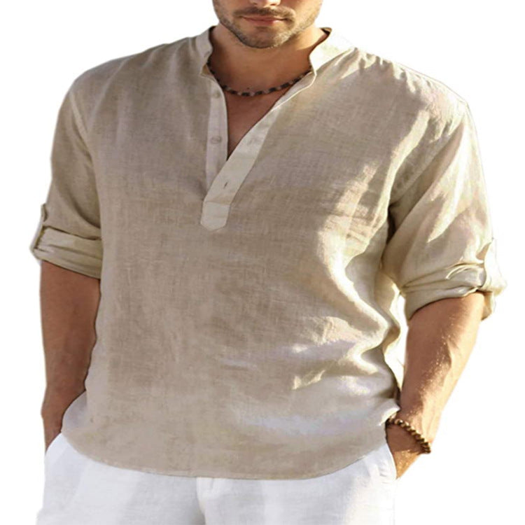 Camisa de manga larga de algodón y lino para hombre, color sólido, cuello levantado, holgada