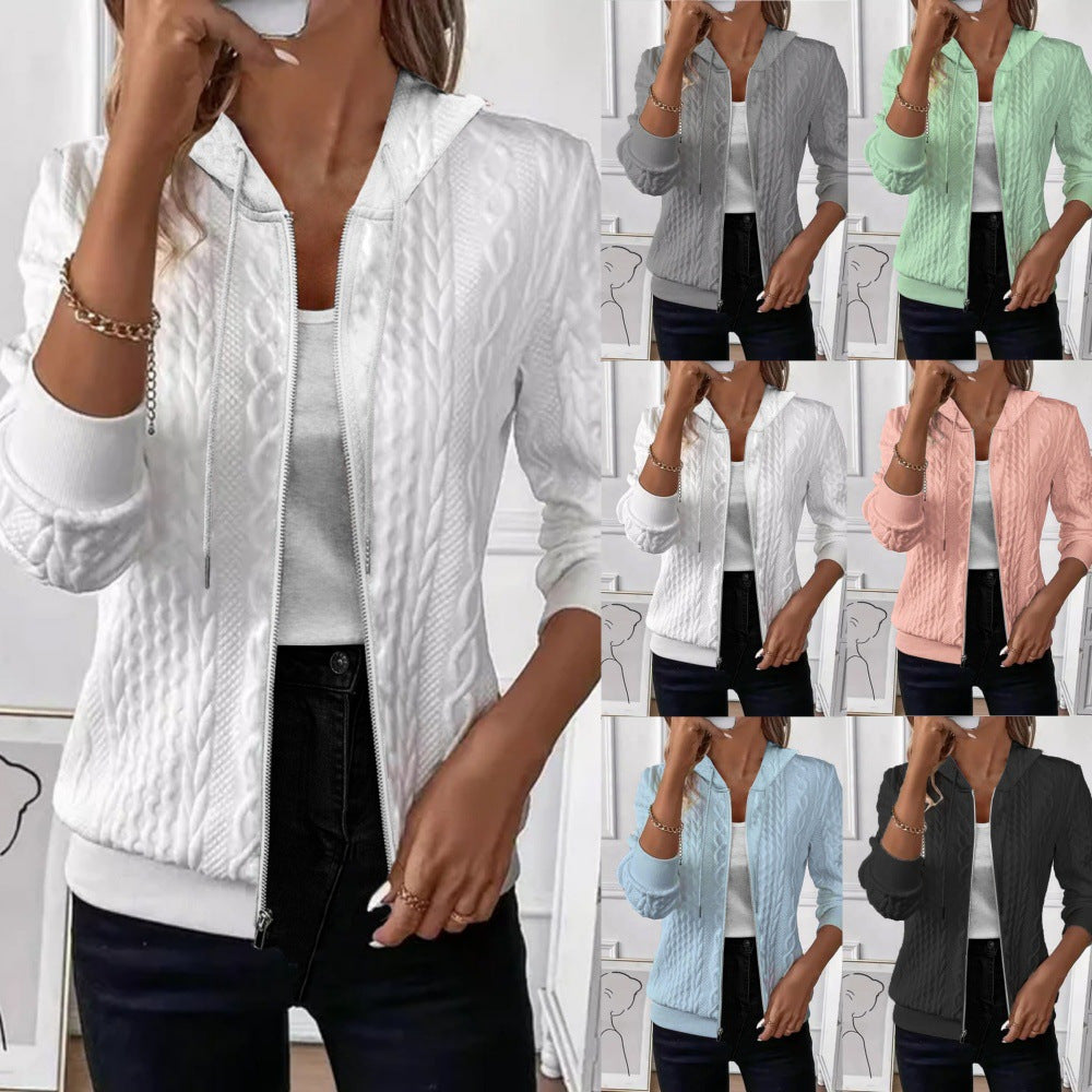 Manteau à capuche zippé en tricot à manches longues de couleur unie