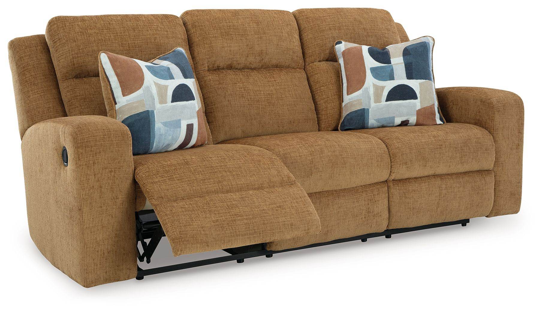 Kanlow Fabric Reclining Sofa Honey Color with Accent Pillows-2