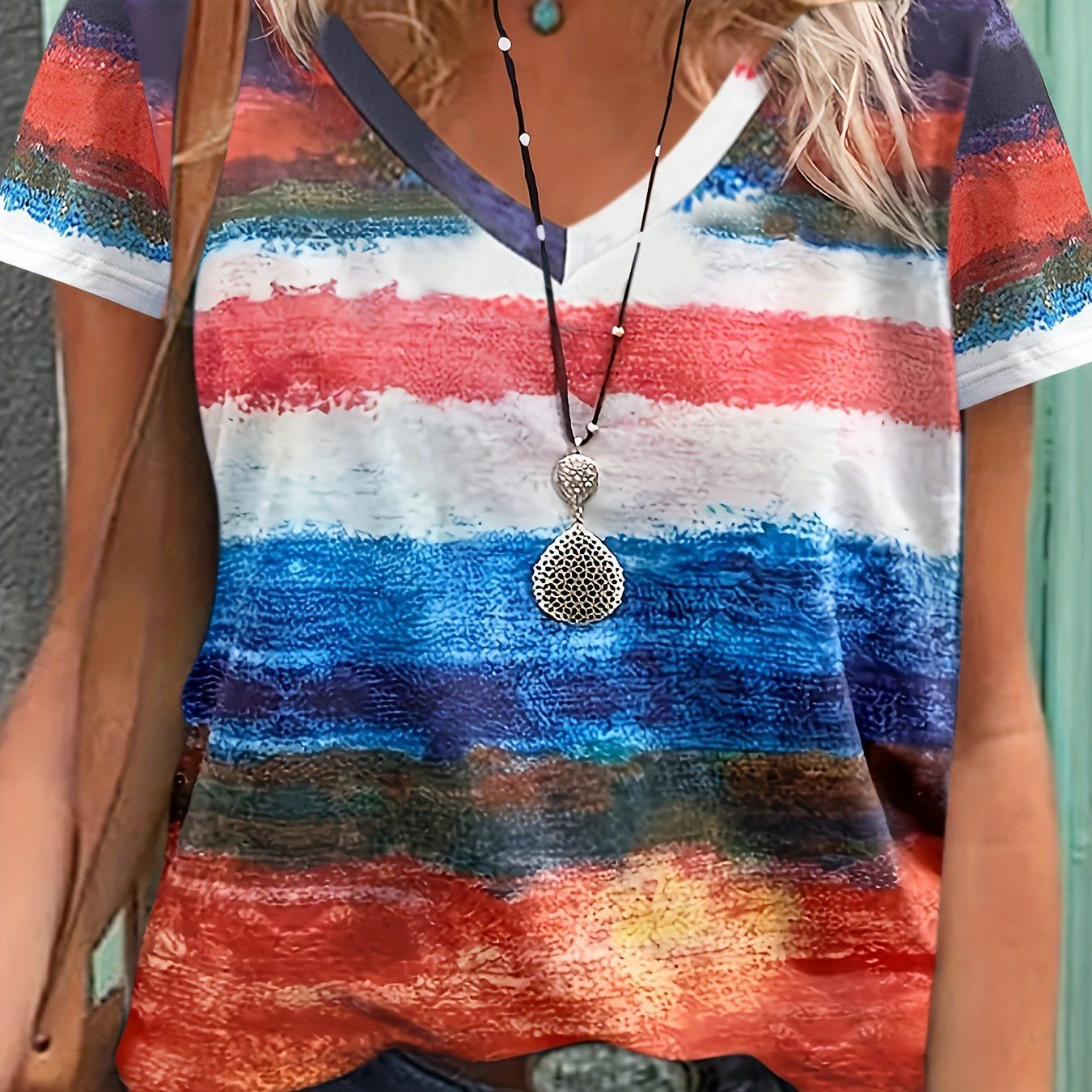 Camiseta Informal de Mujer Manga Corta con Rayas y Cuello en V