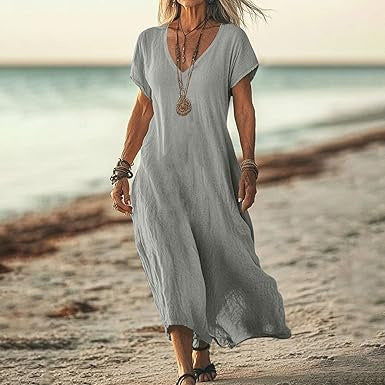 Robe ample unie en coton et lin à col en V