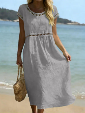 Robe élégante en coton et lin à col rond avec broderie en dentelle