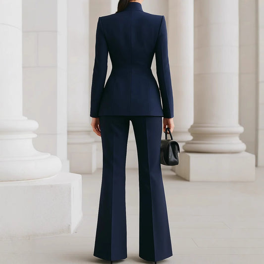 Long Sleeve Solid Color Pocket One Button Small Suit Two-piece Pants