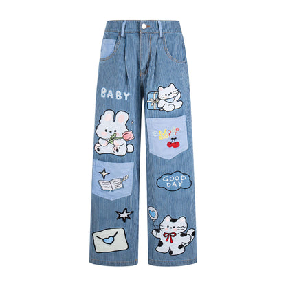Cat Rabbit Embroidered Jeans