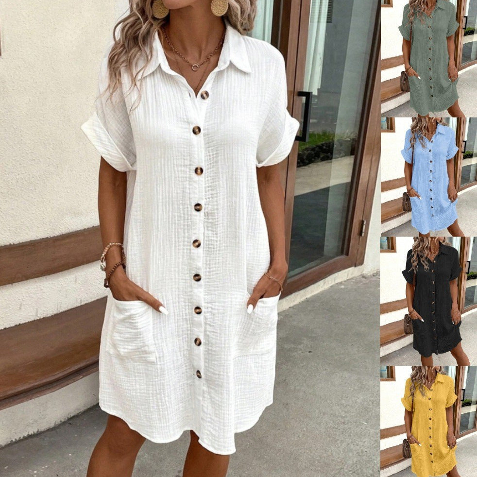 Robe chemise en coton et lin à col en V boutonnée pour femme, simplicité estivale