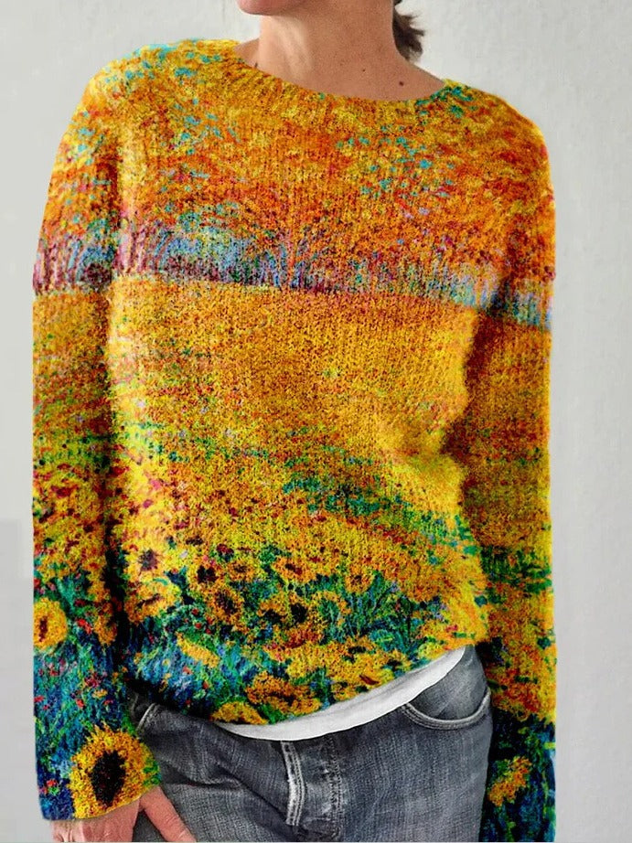 Pull en tricot ample multicolore à col rond et à la mode pour femme