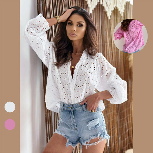 Camisa de manga larga farol de algodón casual calada para mujer