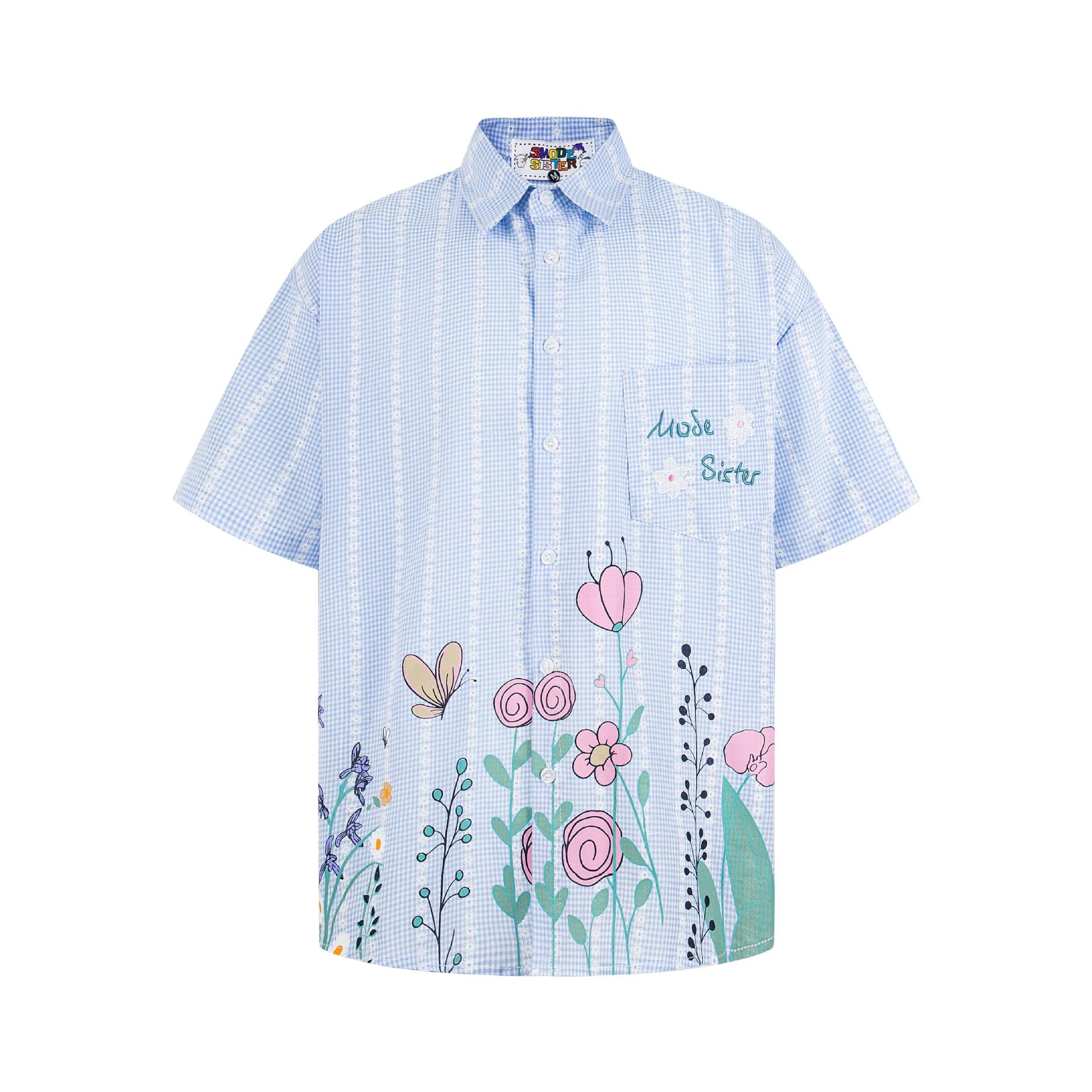 Camisa de manga corta a cuadros con grafiti floral