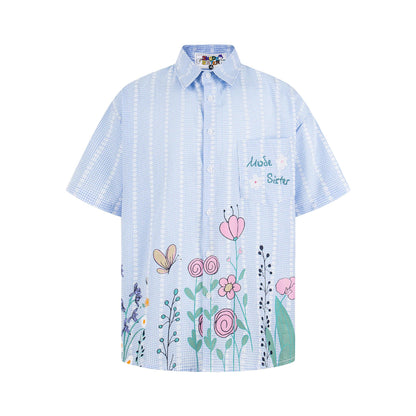Flower graffiti checkered short sleeved shirt