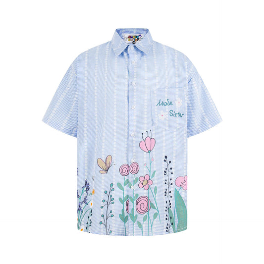 Flower graffiti checkered short sleeved shirt