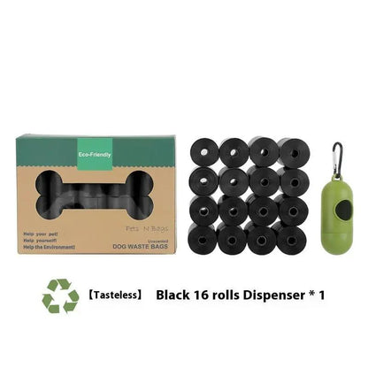 AdTec eco-friendly degradable dog waste bags; black 16-roll dispenser with green handheld container